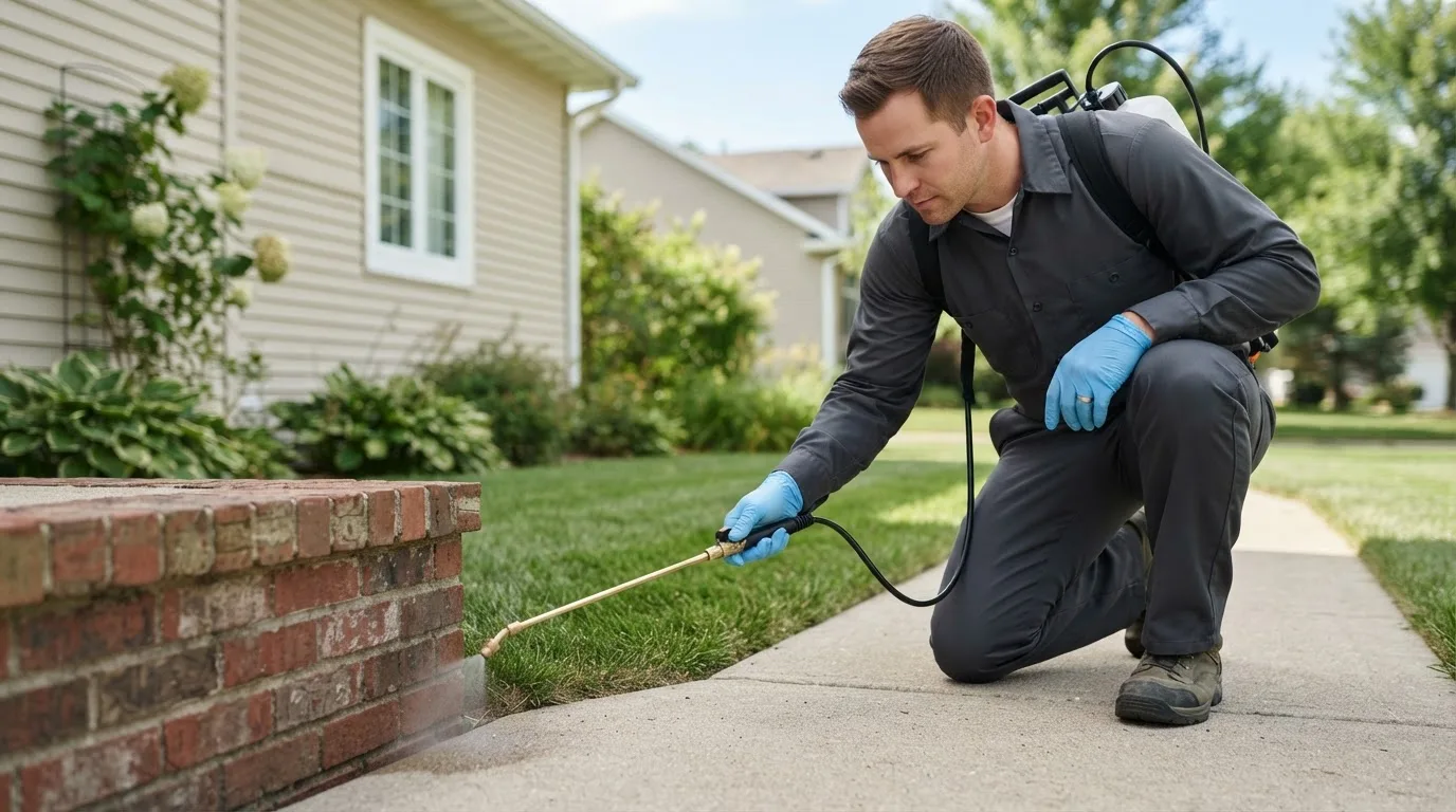 Pest control technician treating a home near La Russell, MO